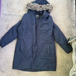 The North Face Dark Blue Coat with Faux Fur Trim